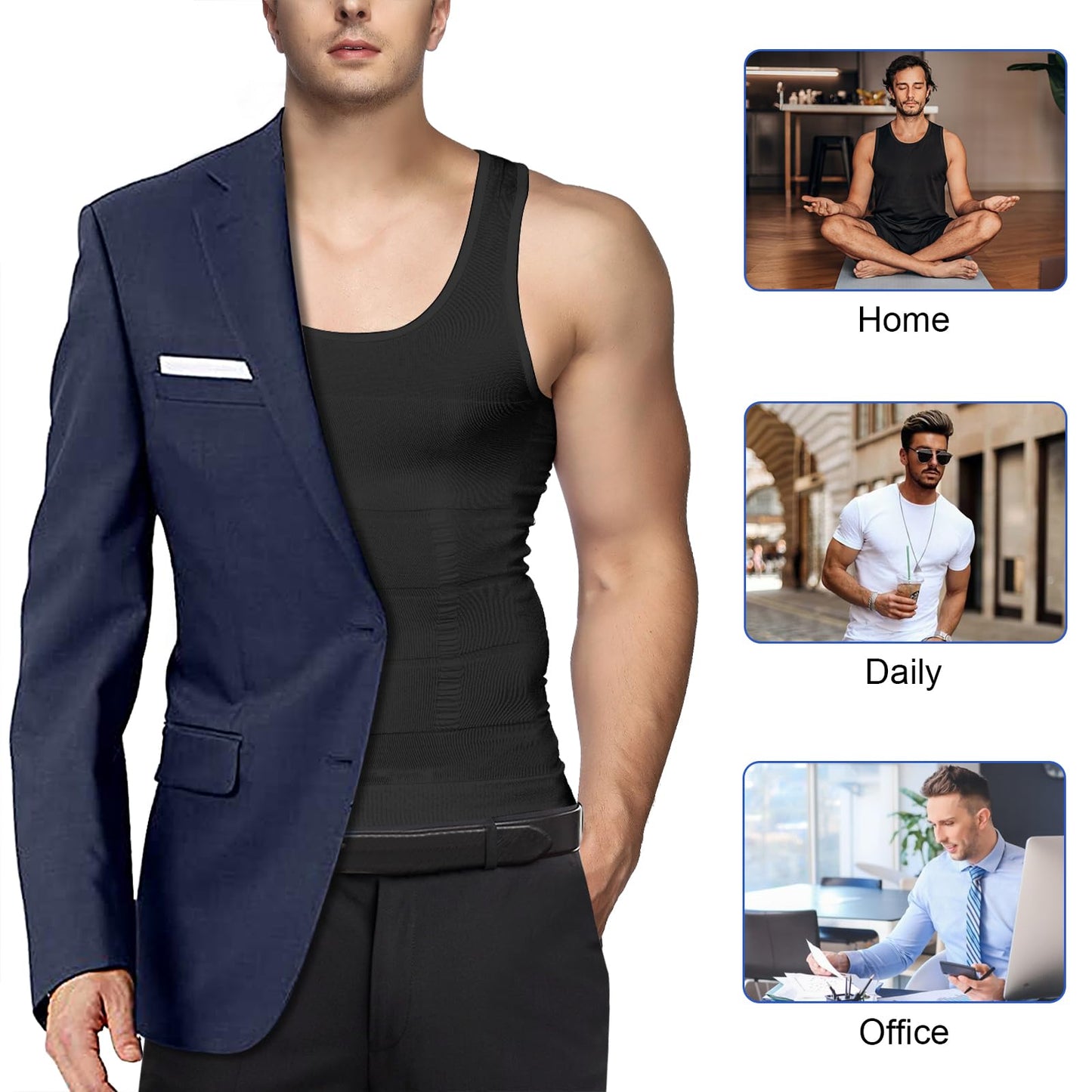 Odoland Mens 5 Pack Body Shaper Slimming Tummy Vest Thermal Compression Shirt Tank Top Shapewear, Black*5, L