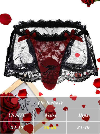 Mens Lace Sexy Underwear, Sissy Pouch Panties Femboy For Men, Low Rise Bow Lingerie Fits 34-42, Sheer Girly, Burgundy, One Size