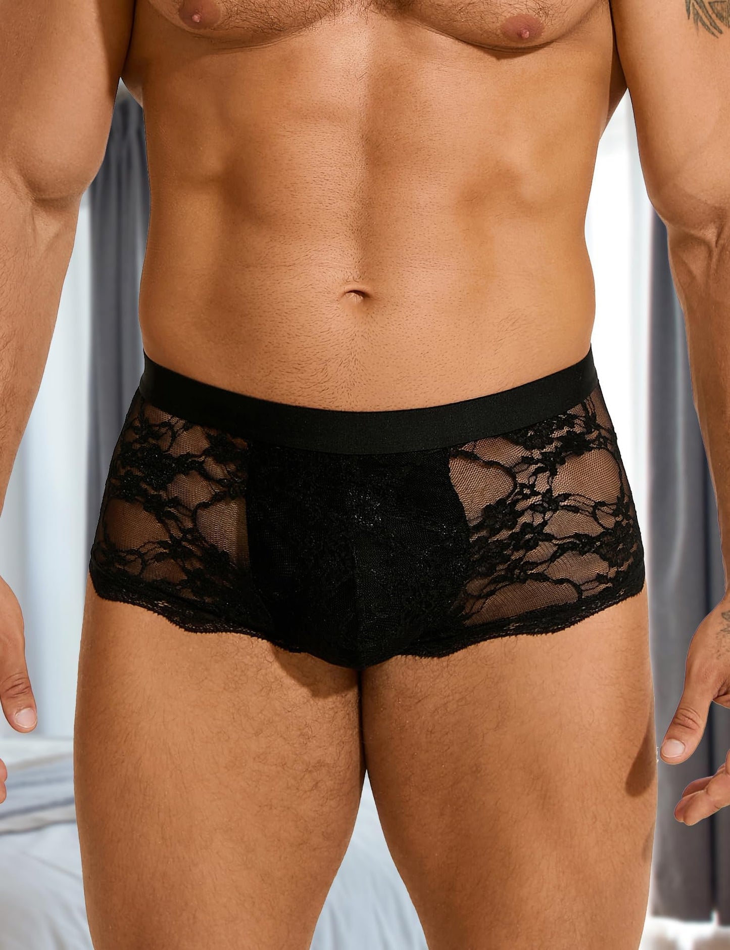 Men's Sexy Low-Rise Boxer Briefs - 2-Pack Black Lace Mesh Underwear with Bulge Pouch, Comfort Stretch Waistband Fits S