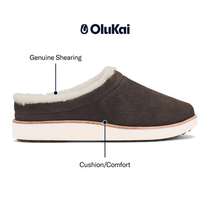 OLUKAI Mani Women's Leather Mule Slippers, Soft & Comfortable Slippers with Fleece Lining, Thick Rubber Outsole, All-Day Wear, Dark Oak/Golden Sand, 8