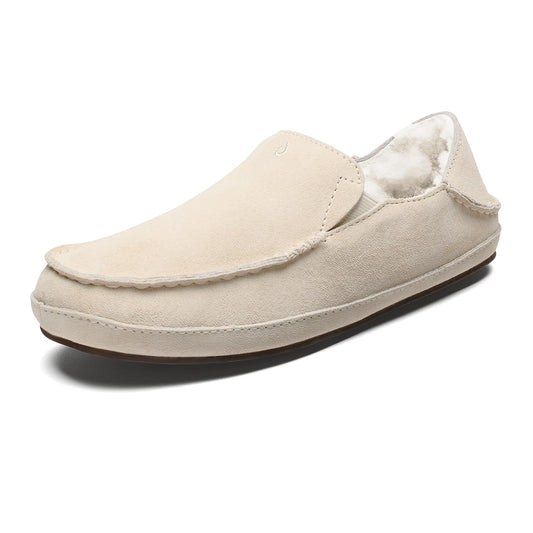 OLUKAI Nohea Slipper, Women's Slip-On Shoes, Genuine Shearling & Premium Nubuck Leather, Drop-in Heel Design, Cozy & Ultra-Soft Comfort Fit, Bone/Bone, 8