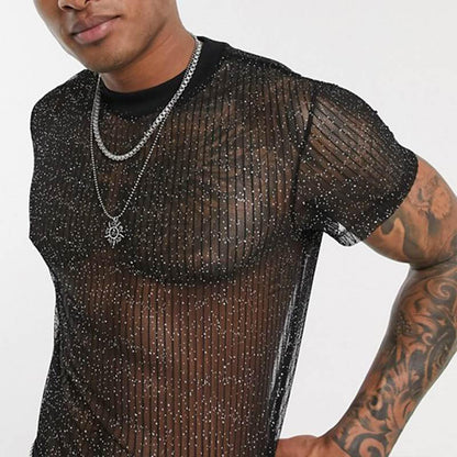 Evankin Mens Sexy Glitter Shirt Top See Through Lace Short Sleeve T-Shirt Sheer Mesh Undershirts to Show Muscle(Black, L)