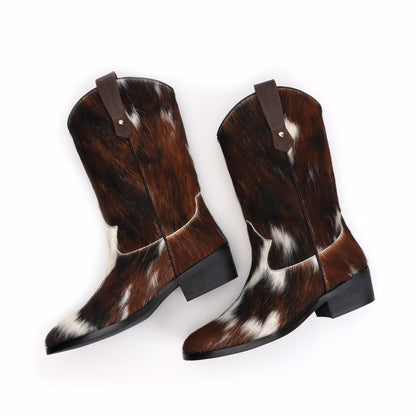XOBZJH Women's Western Cowboy Boots – Genuine Tricolor Cowhide Leather Tall Cowgirl Boots, Mid-Calf Western Brown Boots for Women, Festival & Fall Fashion