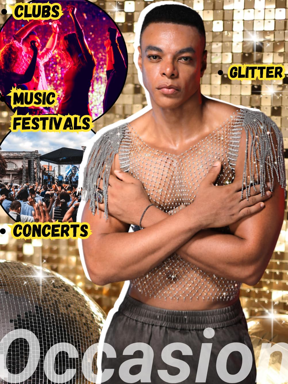 EHSUYAB Men Sexy Fringe Cap Sleeve Sparkly Rhinestone Mesh Top, See Through Fishnet Shirt Tank Tops, Concert Club Rave Outfit Silver One Size