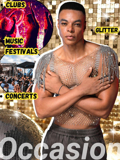 EHSUYAB Men Sexy Fringe Cap Sleeve Sparkly Rhinestone Mesh Top, See Through Fishnet Shirt Tank Tops, Concert Club Rave Outfit Silver One Size