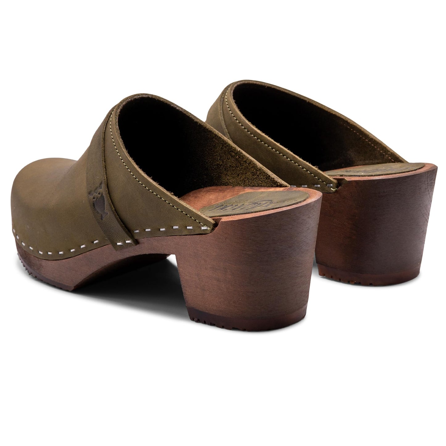 Sandgrens Handmade Swedish Wood Clogs for Women, High Heel Mule US 11 | Dublin Olive Nubuck DK, EU 42