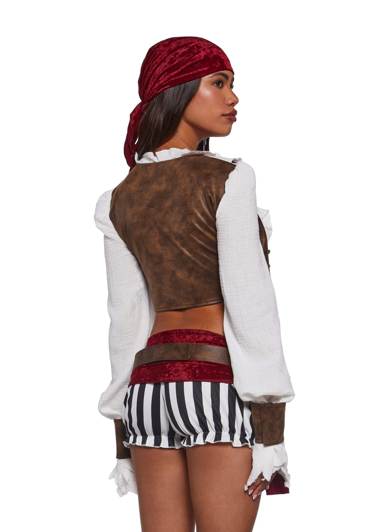 Dolls Kill Pirate Costume by Trickz N’ Treatz – Women’s Ruffled Crop Top with Vest, Striped Bloomers, Belt, Cuffs & Headscarf, X-Small