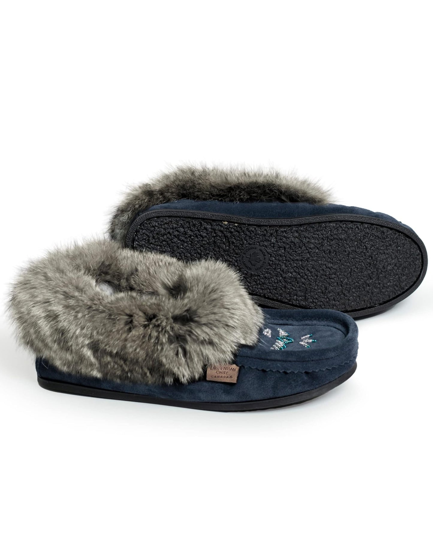 Laurentian Chief Moccasin Slippers for Woman - Orlon Beaded Slippers with Fur Trim and Padded Sole, Canada Quality Womens, Comfortable Stylish Indoor and Outdoor