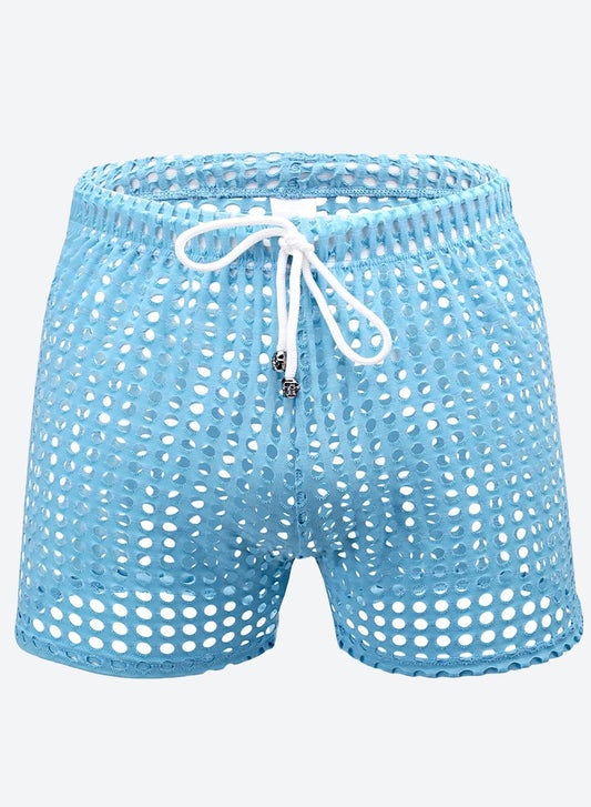 MIZOK Men's Hollow Openwork Short Sexy Fishnet See Through Boxer Shorts Lounge Swim Cover Blue L