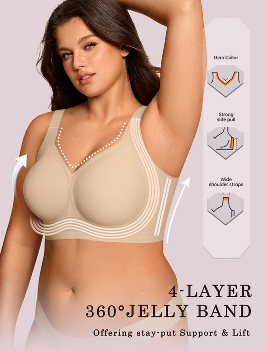 OEAK Womens Wireless Jelly Bra Plus Size Supportive Seamless Bras Full Coverage Push Up Comfortable No Underwire Tshirt Bras Creamy Beige+Leopard Coffee XL