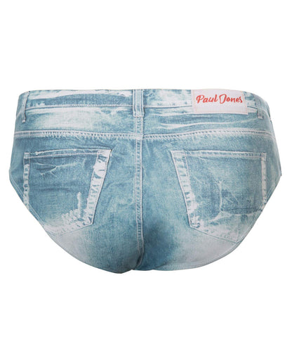 PJ PAUL JONES Men's Swimsuit Briefs Denim Print Swim Brief with Drawstring Waist Light Blue L