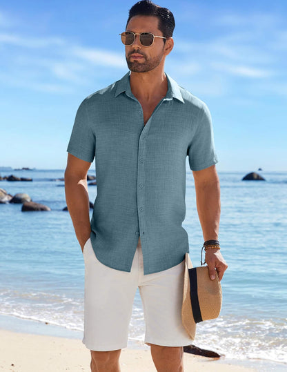 COOFANDY Beach Shirts for Men Short Sleeve Button Up Shirts Linen Beach Summer Shirts Untucked Shirt Dark Blue