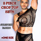 ShawGobow Mesh Crop Tops For Men,Short Sleeve Hollow Out Sheer Fishnet Sexy Top And Shorts Set,2 Piece Rave Outfits Date Night Club Exotic Dancewear Black One Size Fits All