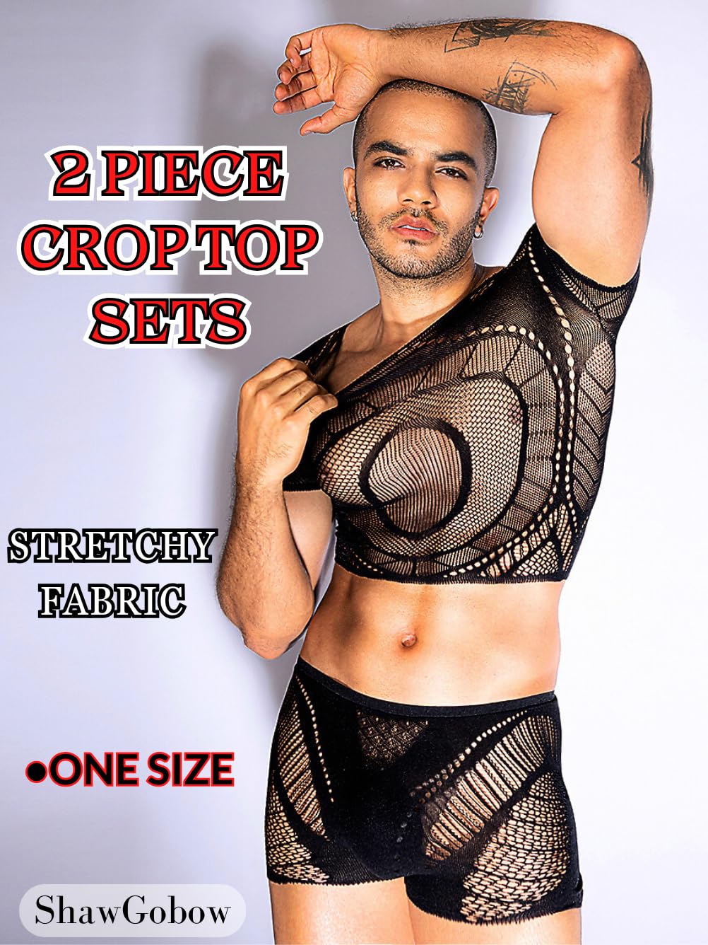 ShawGobow Mesh Crop Tops For Men,Short Sleeve Hollow Out Sheer Fishnet Sexy Top And Shorts Set,2 Piece Rave Outfits Date Night Club Exotic Dancewear Black One Size Fits All