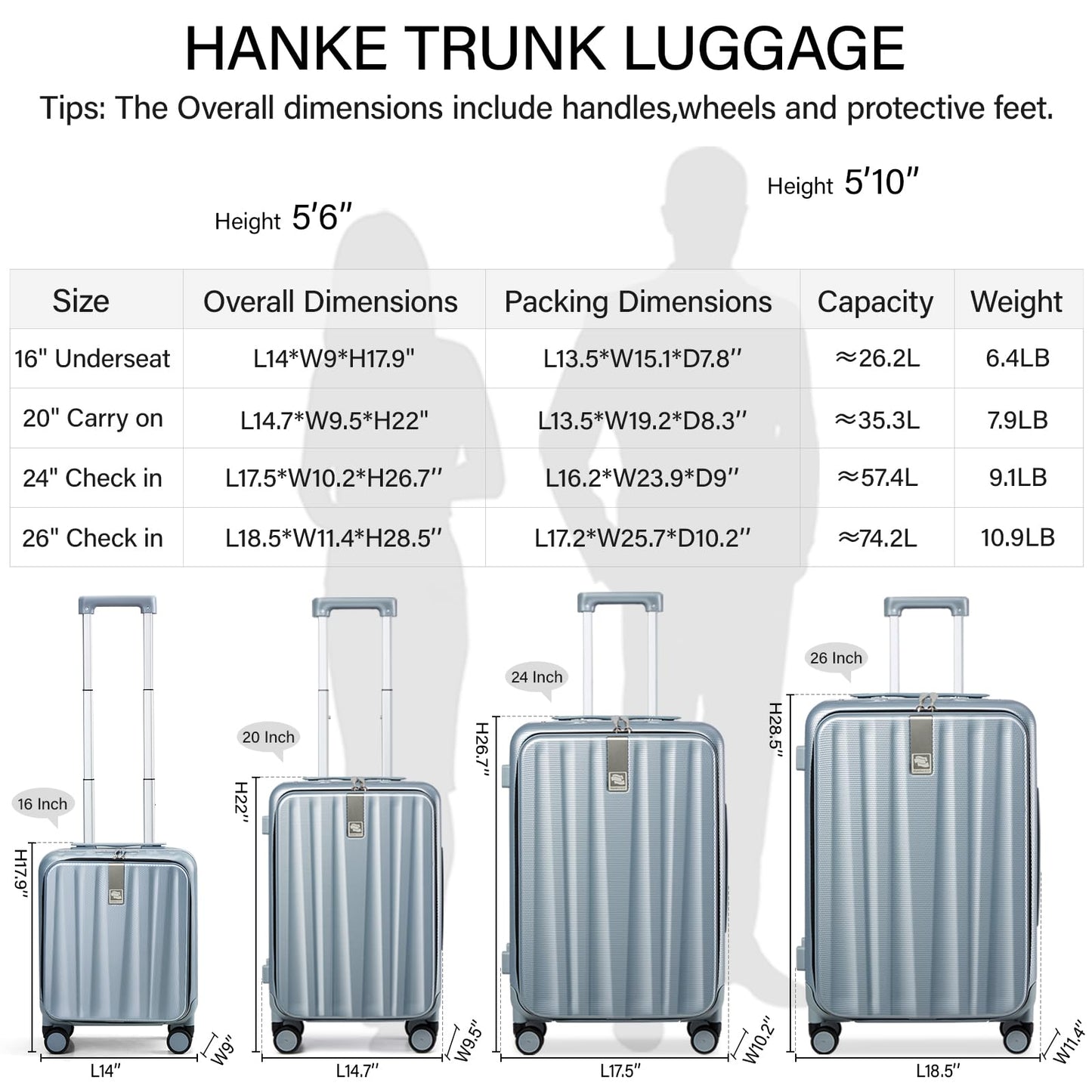 Hanke 26 Inch Large Checked Luggage PC Hard Shell Luggage Top Opening Travel Luggage Suitcases with Wheels for Woman Men.(Grey)