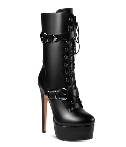 ANN CREEK 'Batian' Classic High Platform Mid Calf Boots Ultra High Stiletto Heels Lace Up Boots Faux Leather Round Toe Tie Up Boots Sexy Black Buckle Strap Thin High Heel Boots Black 10