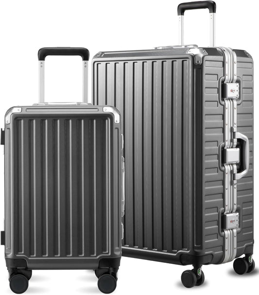 Luggage Sets with Spinner Wheels, 8010S Aluminum Frame Zipperless Polycarbonate Hard Shell Suitcase Sets (ZX-Core, Charcoal Metallic, 2 Piece (20/28))
