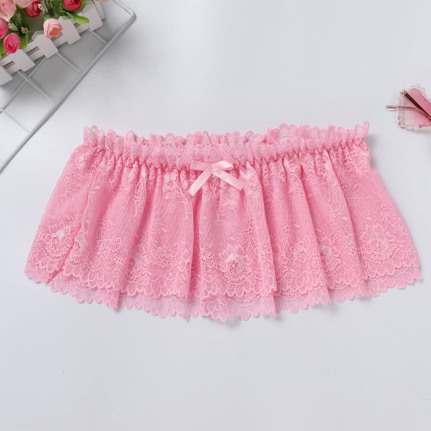 ABAFIP Men's Lace Lingerie Crossdressing Sissy Skirted Panties Low Waist Mesh Sheer G-string Thong Bikini Briefs Underwear Pink Large