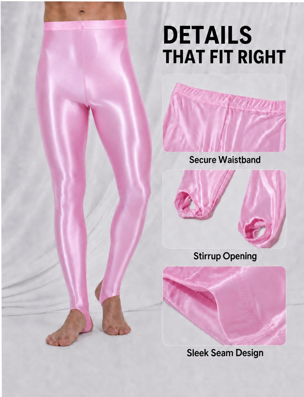 Men's Sheer See Through Oil Shiny Glossy Satin Tights Skinny Transparent Pantyhose Footed Leggings Pink M