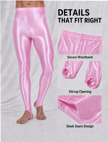 Men's Sheer See Through Oil Shiny Glossy Satin Tights Skinny Transparent Pantyhose Footed Leggings Pink M