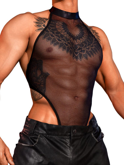 EHSUYAB Men Sexy Lingerie, Snap Crotch High Cut Fishnet Bodysuit, Sheer Mesh Sissy Clothes Gay Club, Party Dance Rave Outfits Black One Size