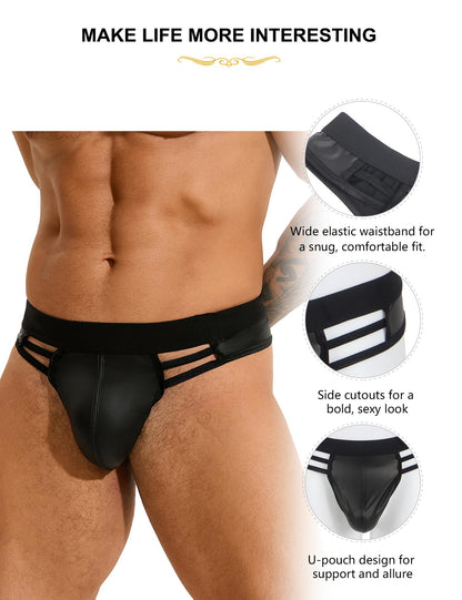Mens Thong G-String Faux Leather Pouch