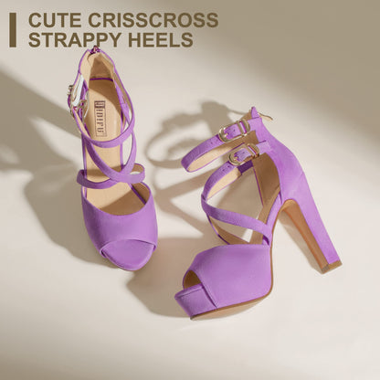 Women's Crisscross Platform Chunky Heels(Lilac Suede, 5)