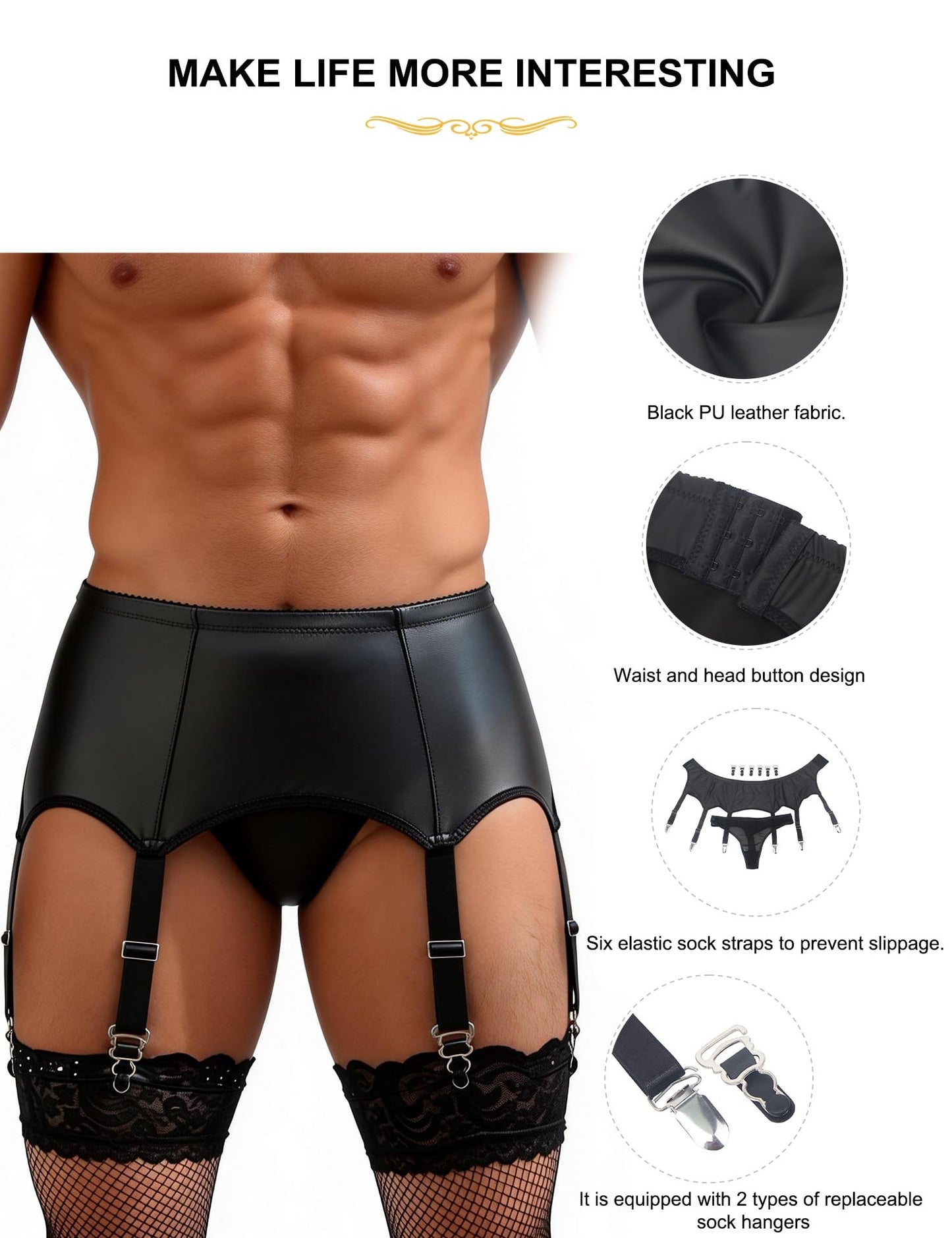 Men's Faux Leather Garter Belt Set with 6 Straps, 12 Metal Clips