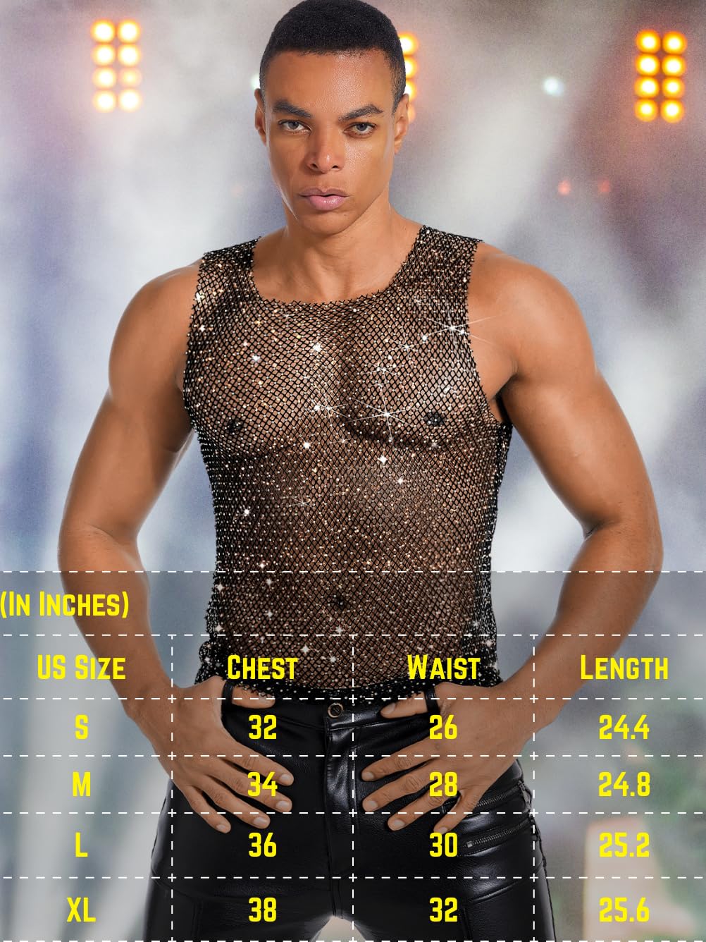 ChiaoLezhee Rhinestones Rave Outfits, Sparkly Mesh Tank Tops, Men's Sexy Sheer Fishnet Shirt for Music Festival, Crewneck Sleeveless Glitter Going Out Vest Crop Clubwear,Black,X-Large