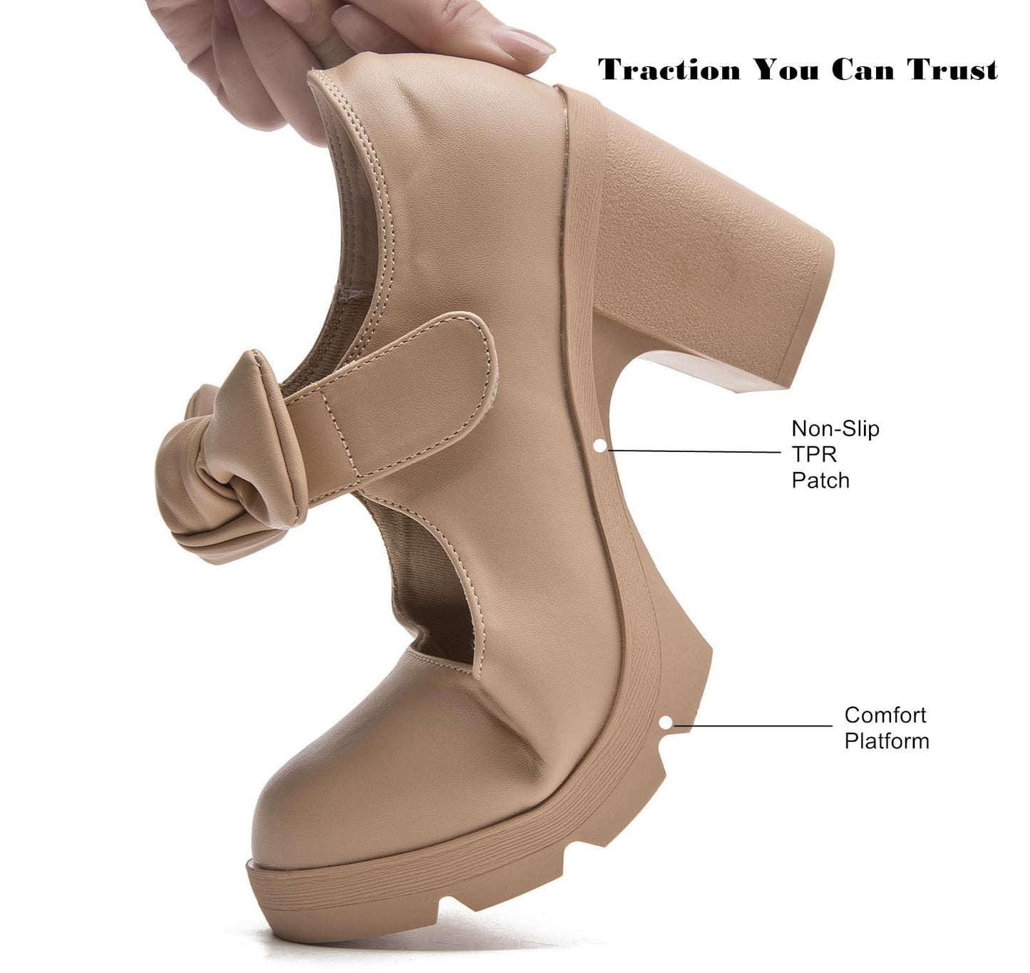 Women's Bow Heels Mary Jane Chunky Low Block Heels Pumps Comfortable Closed Round Toe Ankle Strap Wedding Evening Party Dress Shoes Nude US Size 5