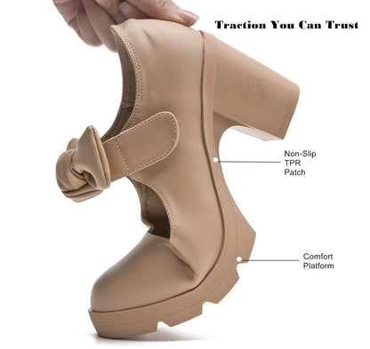 Women's Bow Heels Mary Jane Chunky Low Block Heels Pumps Comfortable Closed Round Toe Ankle Strap Wedding Evening Party Dress Shoes Nude US Size 5
