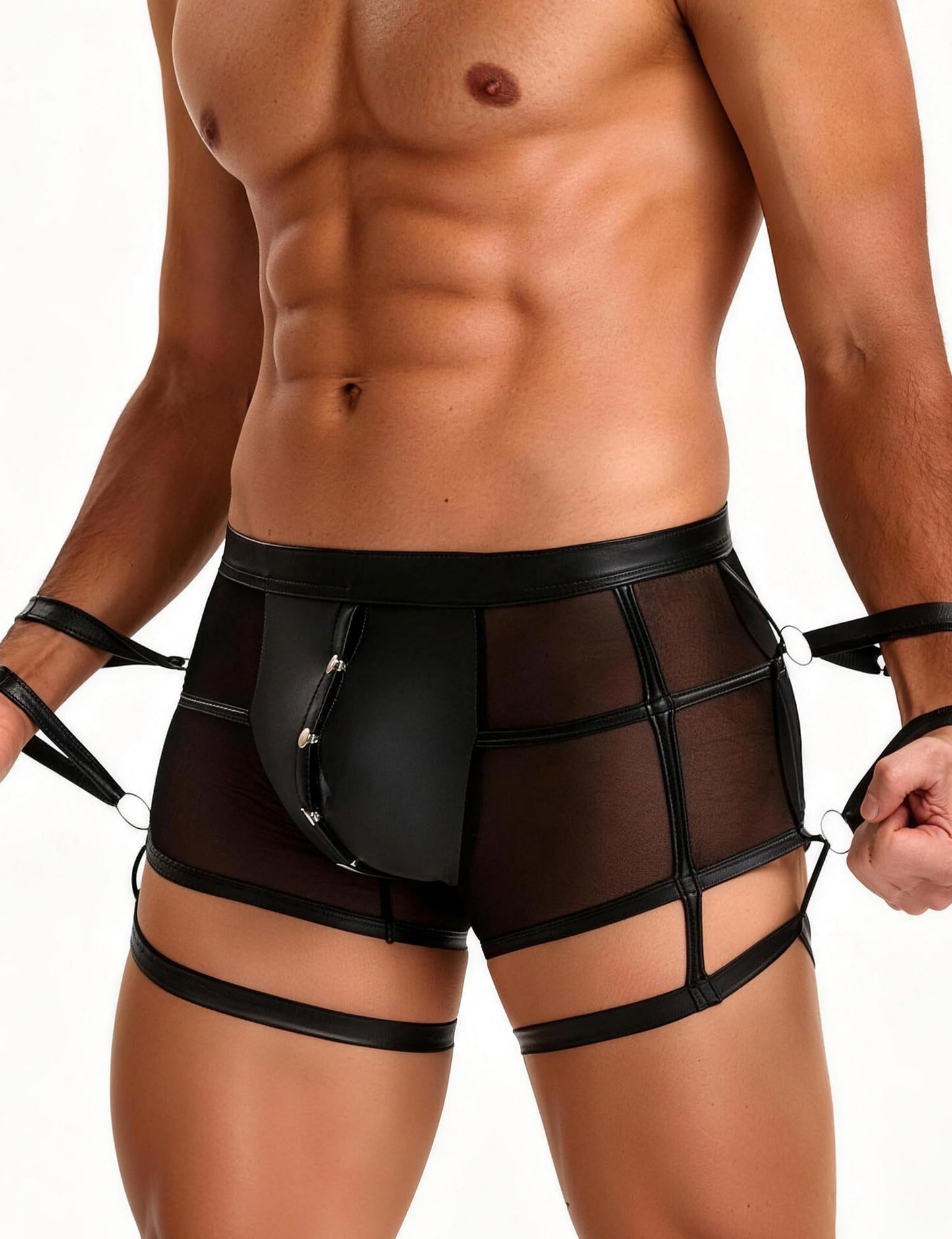 Men's Sexy Boxers Briefs with Thigh Harness Lingerie for Men Breathable Mesh Shorts Pants See Through Underwear Black