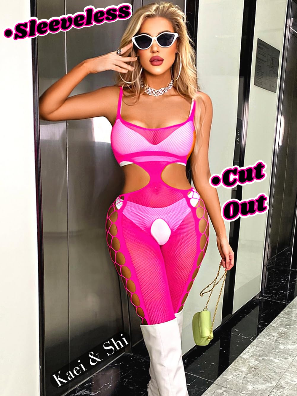Kaei&Shi Rave Outfits Jumpsuit For Women, Sexy Curvy Fishnet Mesh Bodysuit,Exotic Dancer Body Suit, Glow Dark Sheer Lingerie,Pink