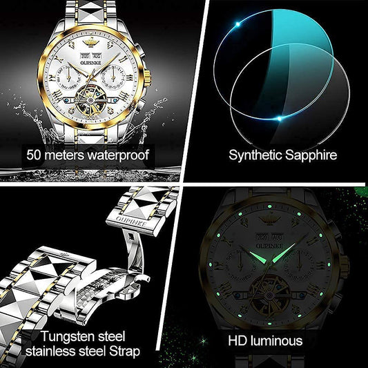 OUPINKE Mens Watches Luxury Automatic Mechanical Tungsten Steel Waterproof Tourbillon White