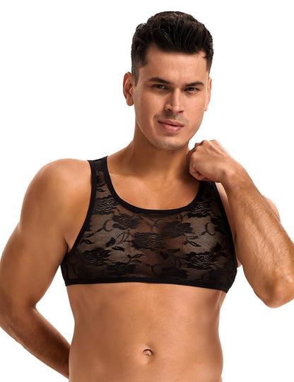 Mens Lingerie Sleeveless Sissy Clothes Sexy Lace Gay Lingerie Mesh Crop Tops For Men Floral Black M