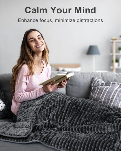 Sherpa Fleece Adult Weighted Blanket with Ribbed Stripes, 15 Pounds Dual Sided Soft Plush Blanket for Couch Bed Sofa, Heavy Thick Blankets with Ceramic Beads Great for Sleep, Dark Grey, 48" x 72"