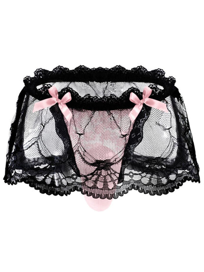 ChiaoLezhee Mens Lace Sexy Underwear, Sissy Pouch Panties Femboy For Men, Low Rise Bow Lingerie Fits 32-42, Sheer Girly, Light Pink, One Size