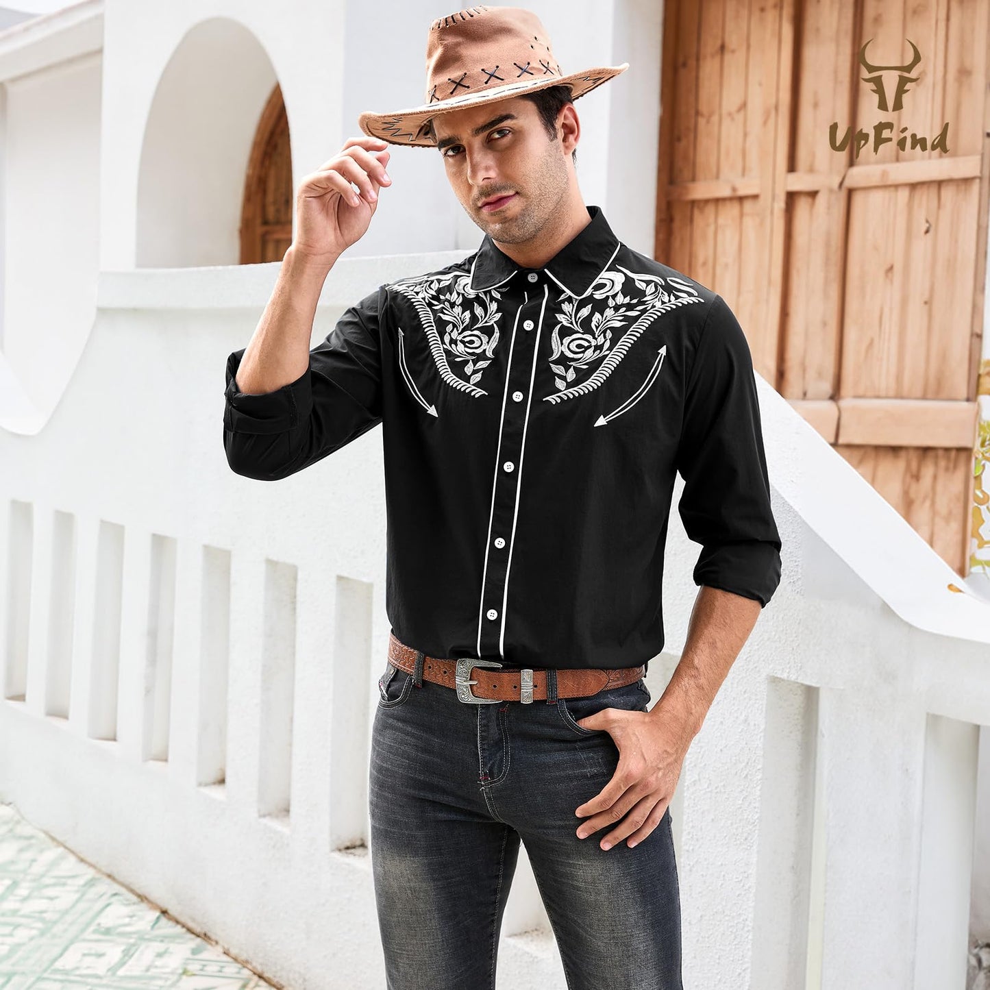 UpFind Western Shirts for Men Cowboy Shirts Long Sleeve Embroidered Country Shirt Slim Fit Button Down Shirt Casual Work Shirts Black