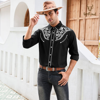 UpFind Western Shirts for Men Cowboy Shirts Long Sleeve Embroidered Country Shirt Slim Fit Button Down Shirt Casual Work Shirts Black