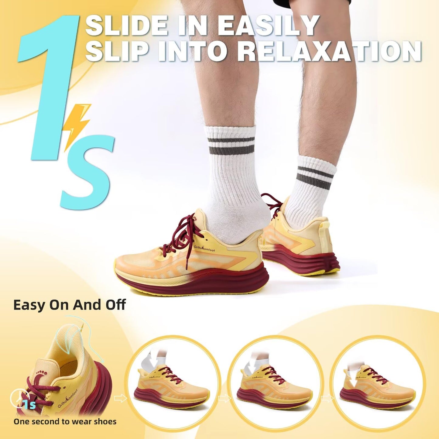 Men's Orthopedic Running Shoes: Casual Plantar Fasciitis Arch Support Neuropathy Foot Heel Pain Relief Recovery Trail Sneakers, Lightweight Breathable Slip On Tennis Shoes Orange Yellow Size 12
