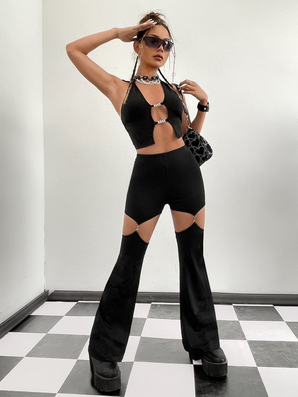 Women's Flare Trousers Cut Out Removable Flare Pants Black