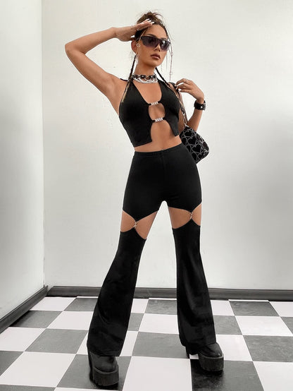 Women's Flare Trousers Cut Out Removable Flare Pants Black