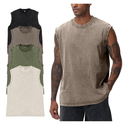 Yimoon Sleeveless Shirts for Men Workout Tank Tops Cotton Acid Wash Muscle Shirts Baggy Gym Tees(BlackKhakiBeigeArmy-XL)