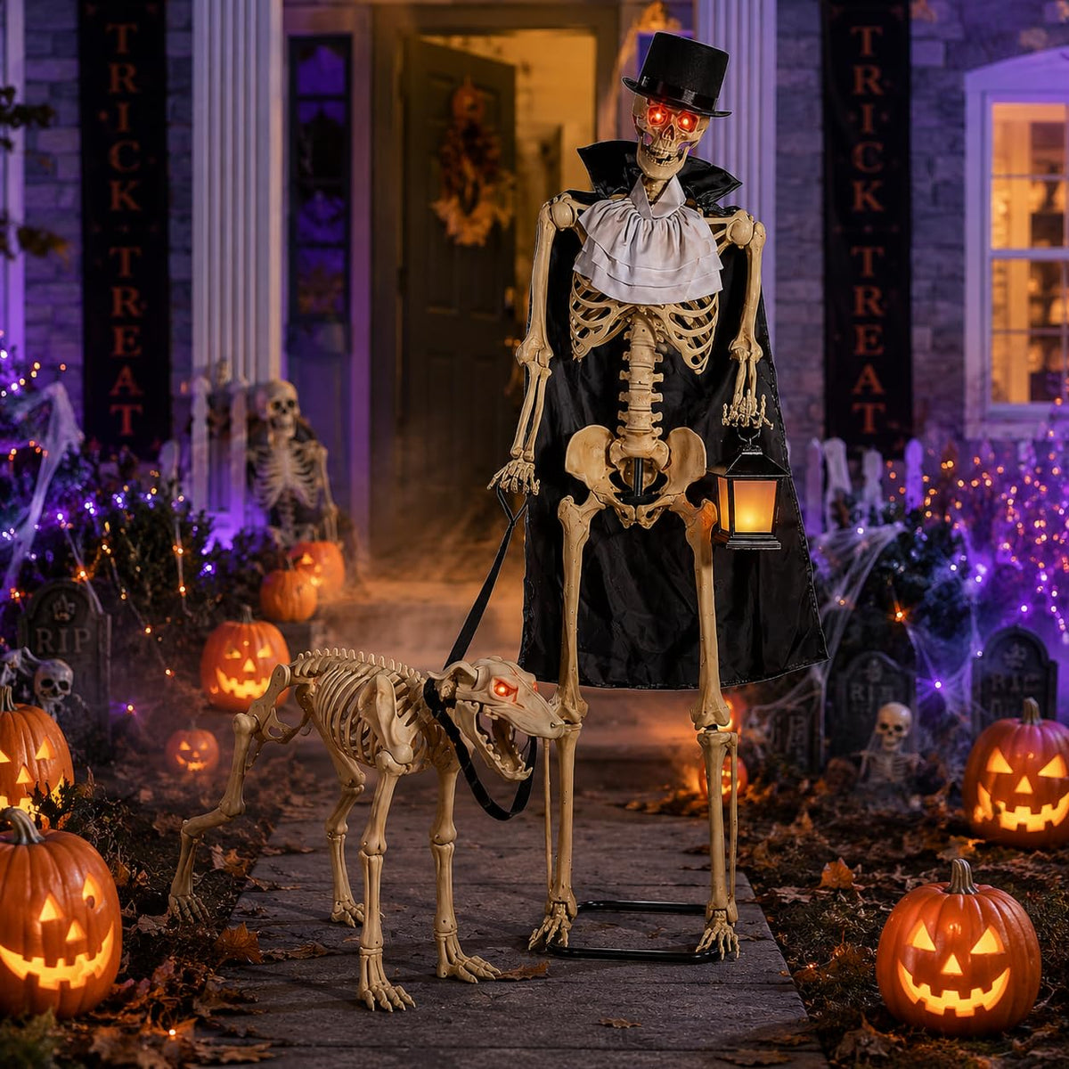 Animated Life-Size Skeleton & Dog Halloween Decorations Set - 36.5"x 25.75"x 62.25", 2 Pieces | Perfect Indoor and Outdoor Haunted House Display