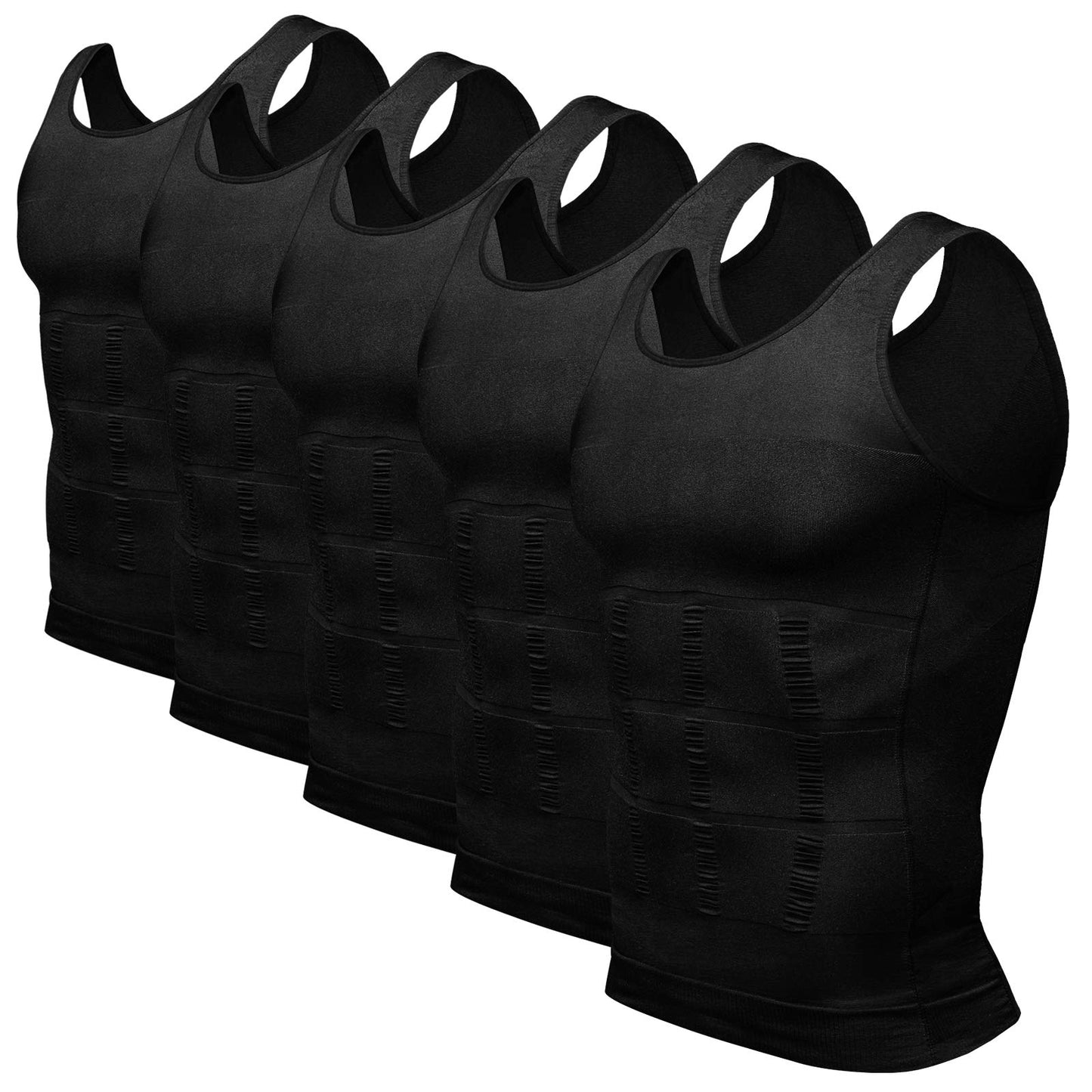 Odoland Mens 5 Pack Body Shaper Slimming Tummy Vest Thermal Compression Shirt Tank Top Shapewear, Black*5, L