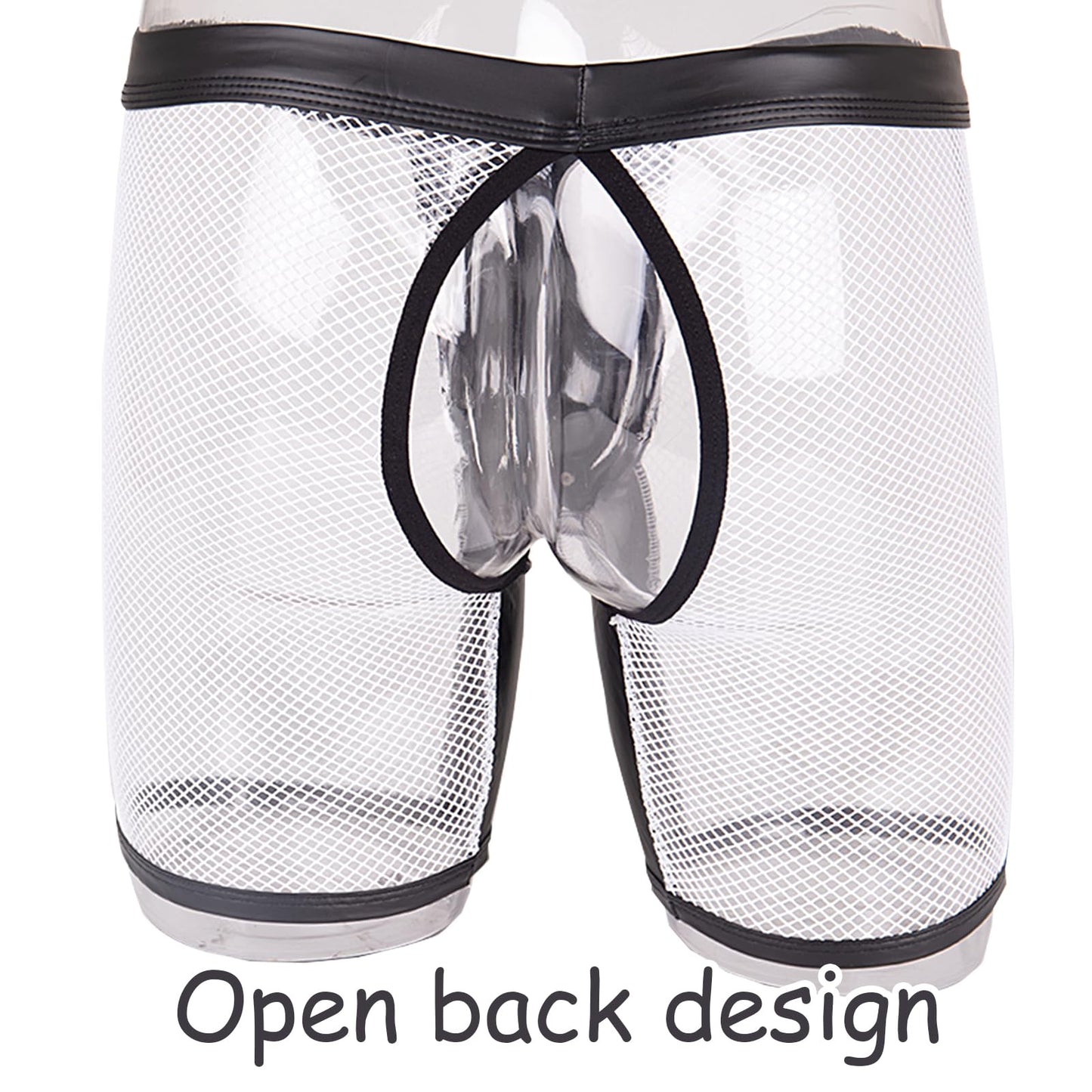 Evankin Men's See Through Sexy Mesh With Faux Leather Loose Shorts Pants Erotic Clubwear Button Removable Pouch(A4-50Hei,S)