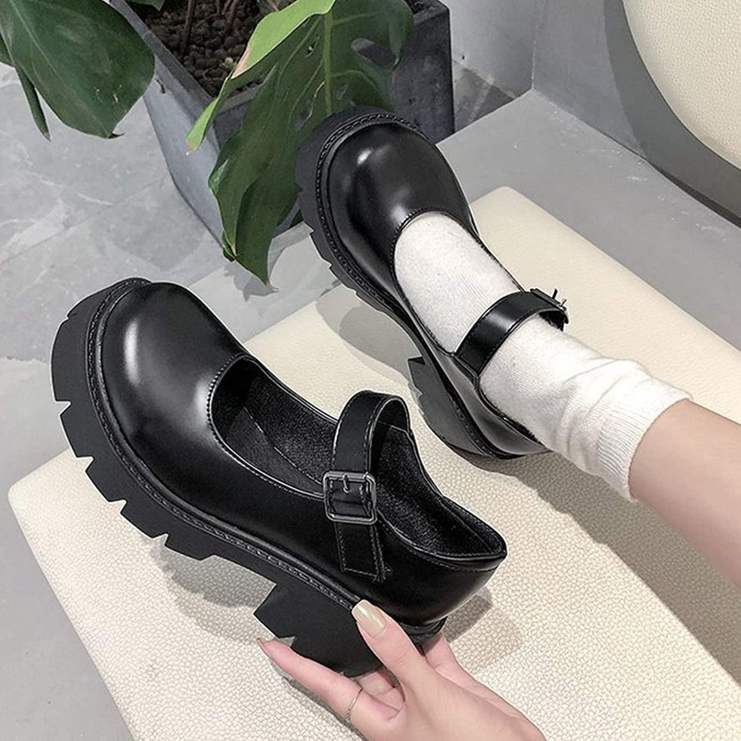 Women's Platform Mary Janes Chunky Heel Ankle Strap Uniform Dress Shoes Heeled Gothic Lolita Oxfords (7.5, Single Strap-Matt Black)
