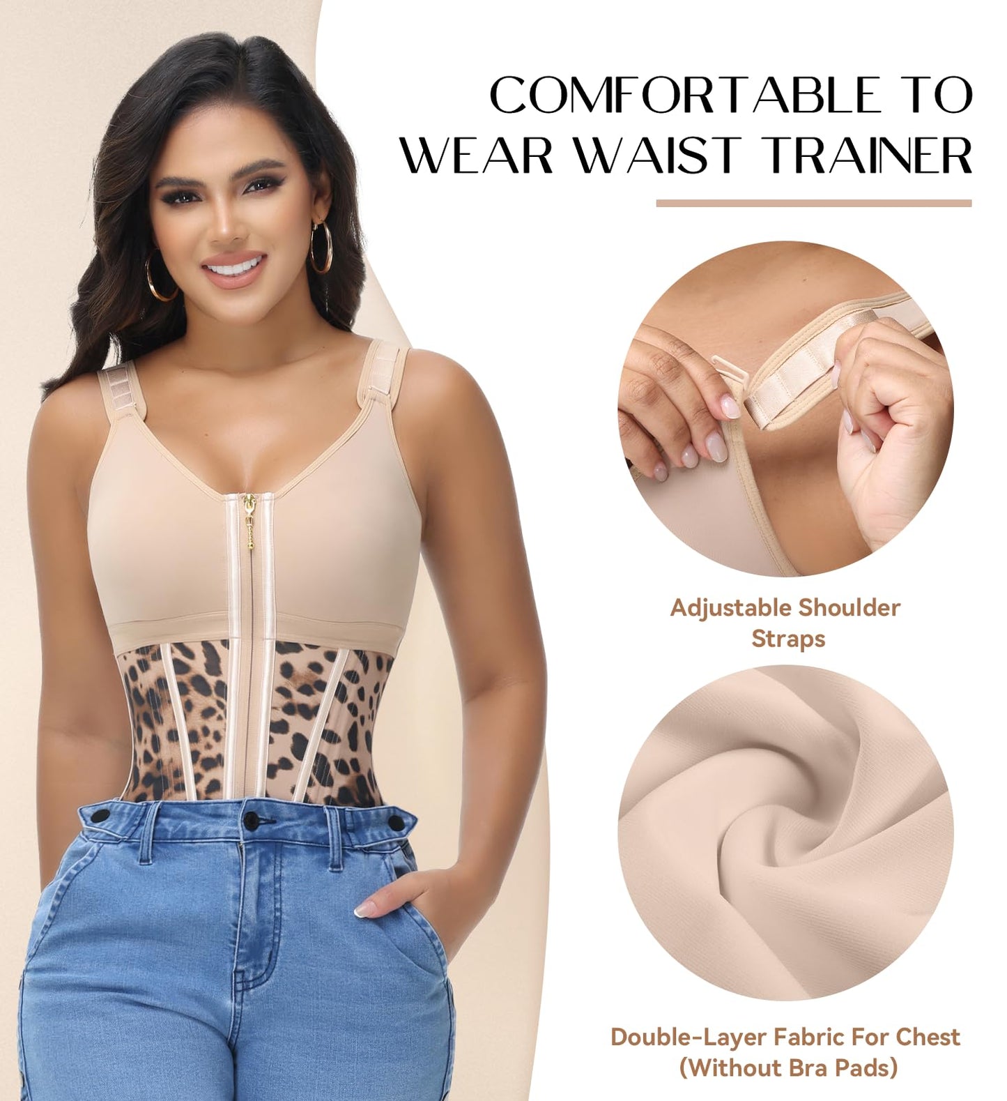 SHAPSHE Waist Trainer Corset for Women Tummy Control Sport Workout Body Shaper Vest for Postpartum Gym Zipper and Hooks Khaki M