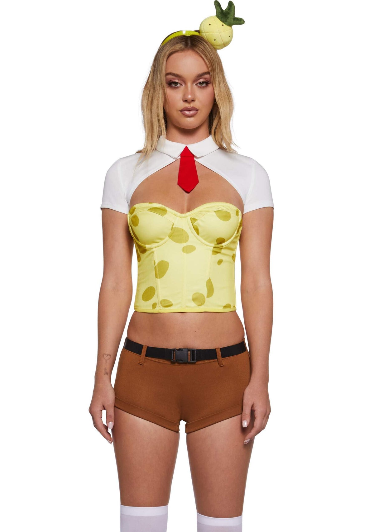 Spongebob - Dolls Kill Spongbabe Costume by Trickz N’ Treatz – Women’s Yellow Corset Top, Brown Shorts & Headband Set, X-Large