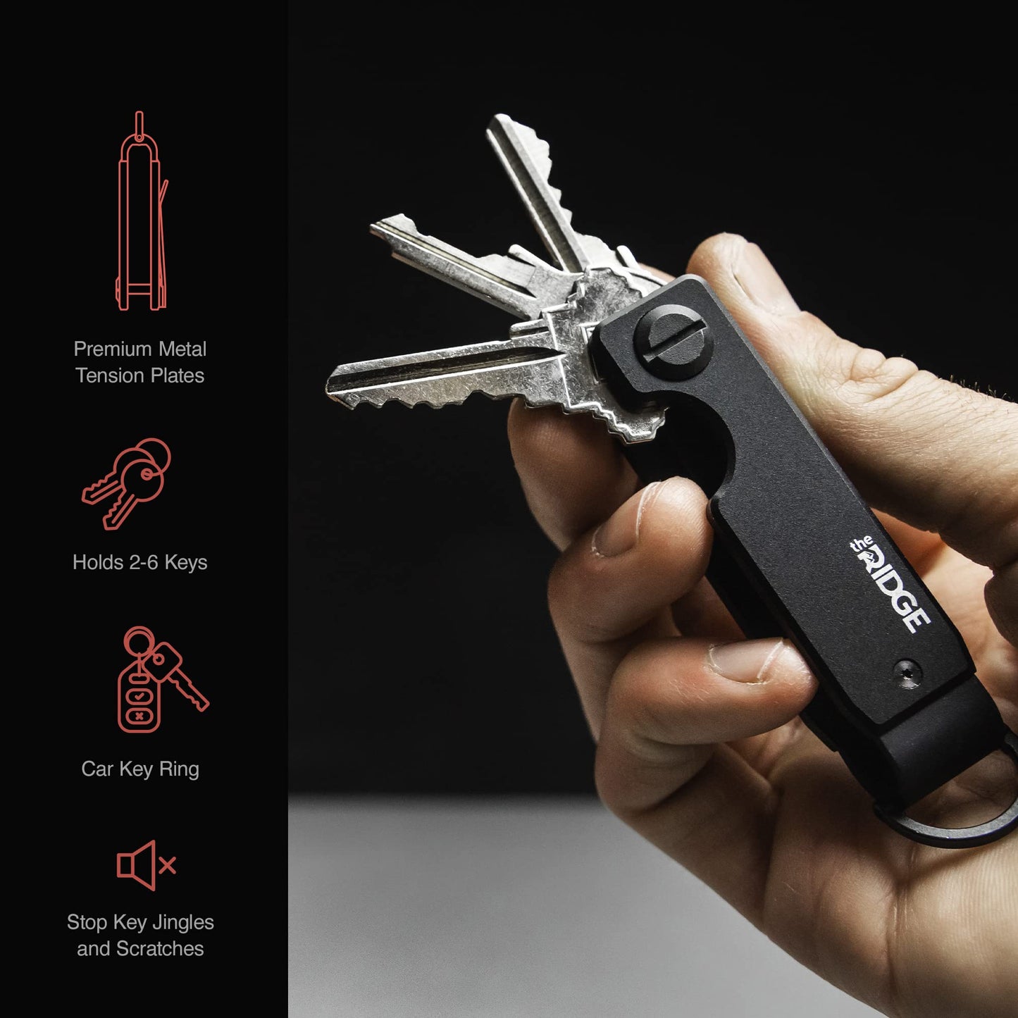 The Ridge Key Organizer - Compact Metallic Key Holder, Minimalist Innovative Keyholder, Smart Keychain Secures 2-6 Keys (Aluminum Black)